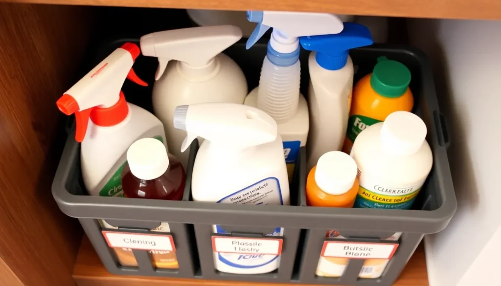 Organized cleaning caddy with supplies to support creating a home cleaning schedule