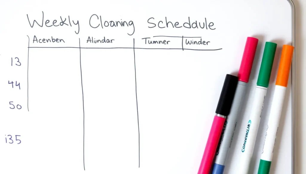 Weekly home cleaning schedule organized by task and day to create home cleaning schedule