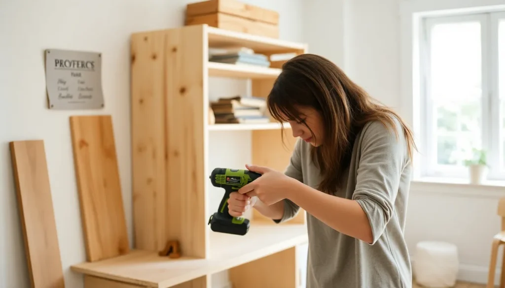 Woman using a cordless drill for a DIY home decor project with essential diy tools for beginners