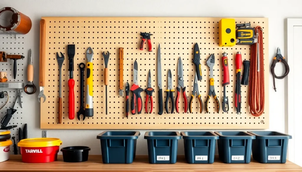 Organized pegboard with essential diy tools for beginners for an efficient workspace