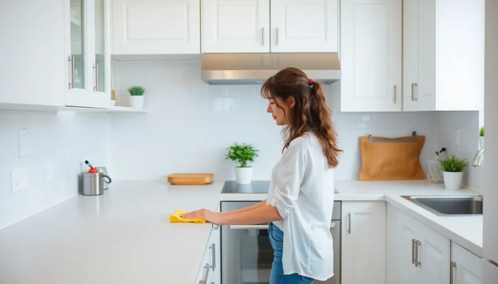 Woman practicing daily cleaning habits in a bright, tidy kitchen