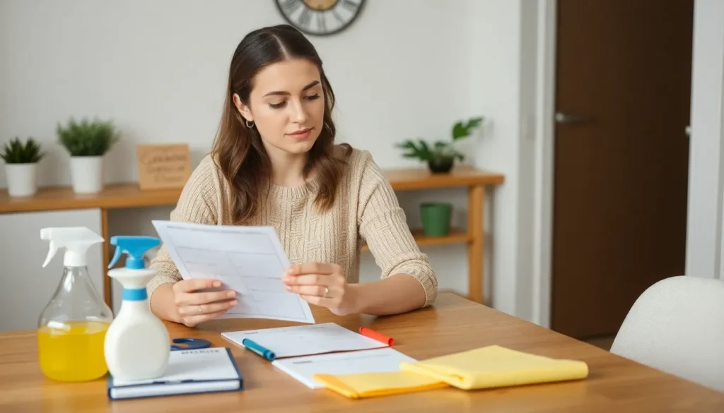 Woman planning to create home cleaning schedule at a table with cleaning supplies