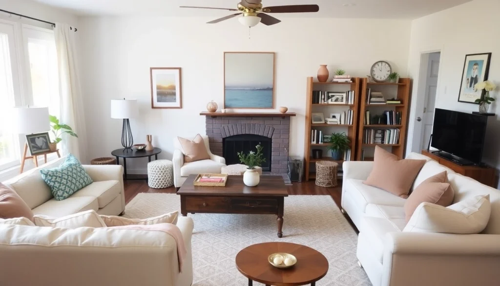 Living room styled with budget-friendly home decor pieces including DIY and thrifted items