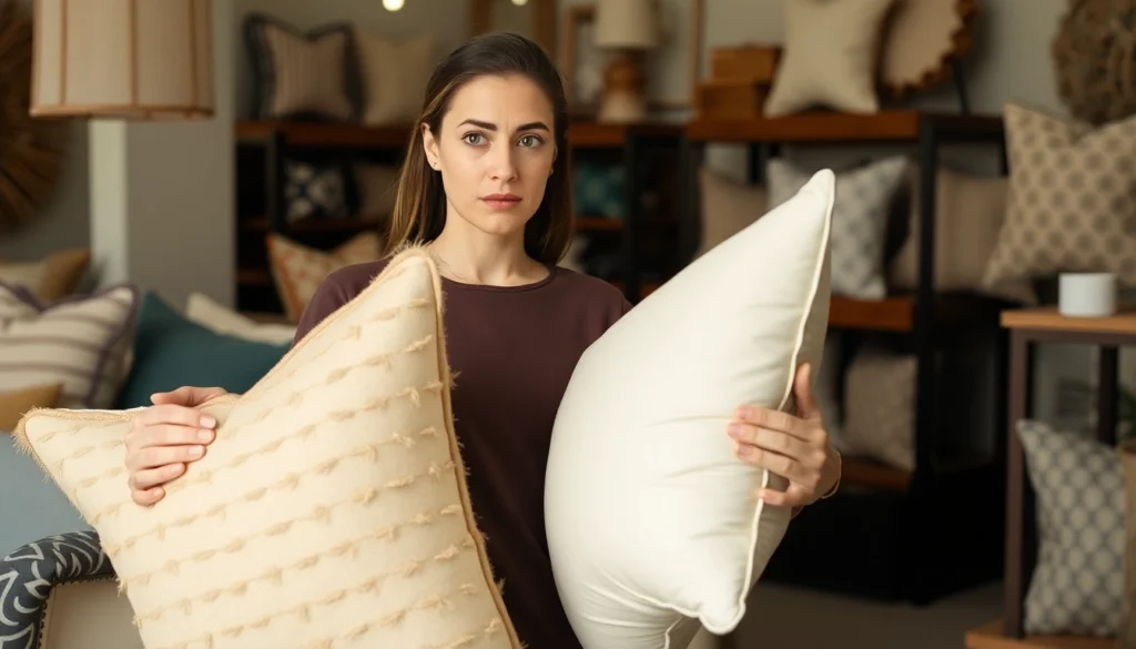 Woman avoiding home decor shopping mistakes while choosing throw pillows