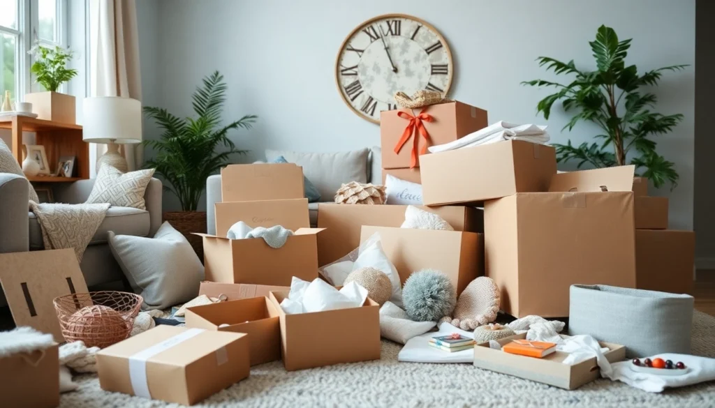 Living room with clutter from buying too many home items too quickly